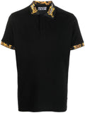 VERSACE MEN Baroque Collar Print Polo Shirt Black/Gold - MAISONDEFASHION.COM