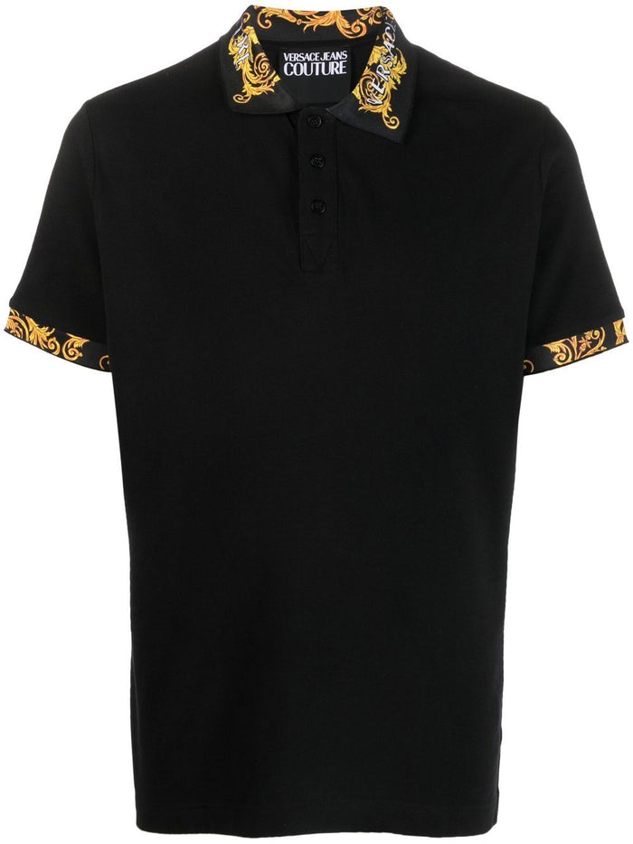 VERSACE MEN Baroque Collar Print Polo Shirt Black/Gold - MAISONDEFASHION.COM