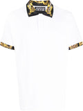 VERSACE MEN Baroque Collar Print Polo Shirt White/Black/Gold - MAISONDEFASHION.COM