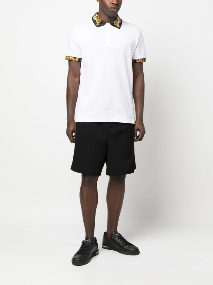 VERSACE MEN Baroque Collar Print Polo Shirt White/Black/Gold - MAISONDEFASHION.COM