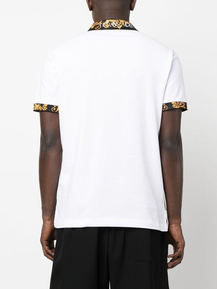 VERSACE MEN Baroque Collar Print Polo Shirt White/Black/Gold - MAISONDEFASHION.COM