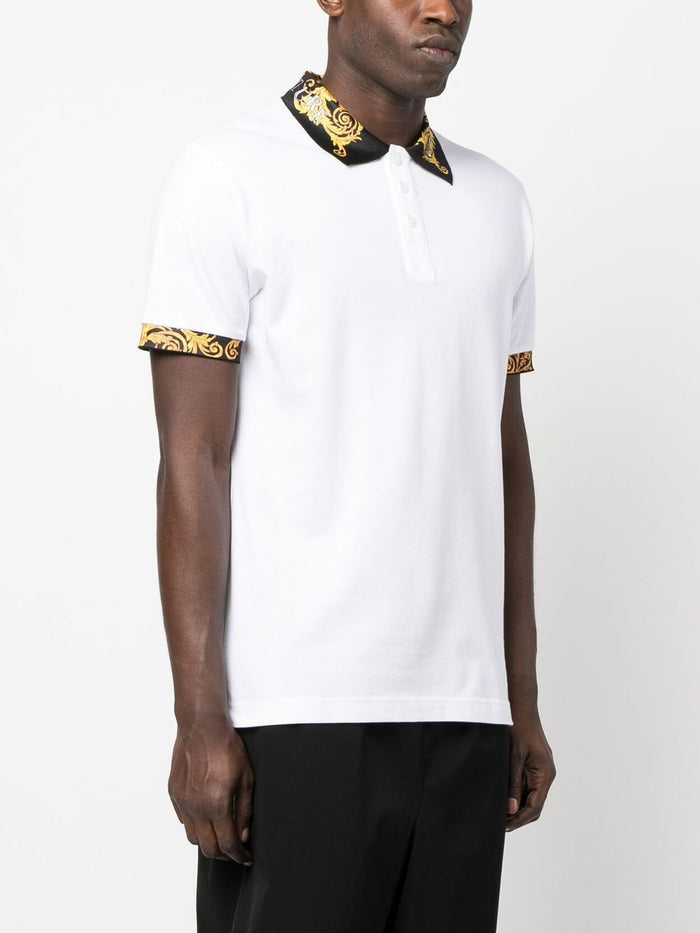 VERSACE MEN Baroque Collar Print Polo Shirt White/Black/Gold - MAISONDEFASHION.COM