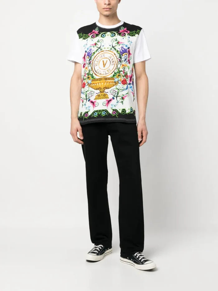 VERSACE MEN V Emblem Garden Print T-Shirt White/Multi - MAISONDEFASHION.COM