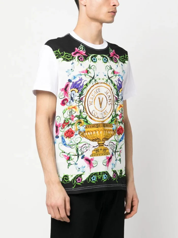 VERSACE MEN V Emblem Garden Print T-Shirt White/Multi - MAISONDEFASHION.COM