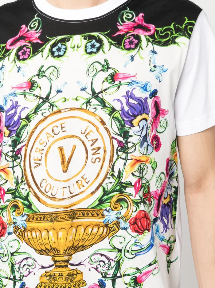 VERSACE MEN V Emblem Garden Print T-Shirt White/Multi - MAISONDEFASHION.COM