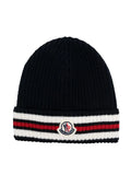 MONCLER BABY Logo Tricolour Knit Striped Hat Navy - MAISONDEFASHION.COM