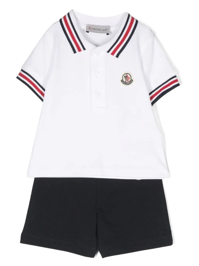 MONCLER BABY Logo Trim Polo Shirt Shorts Set White/Blue - MAISONDEFASHION.COM