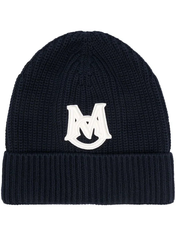 MONCLER Embroidered Monogram Beanie Navy - MAISONDEFASHION.COM