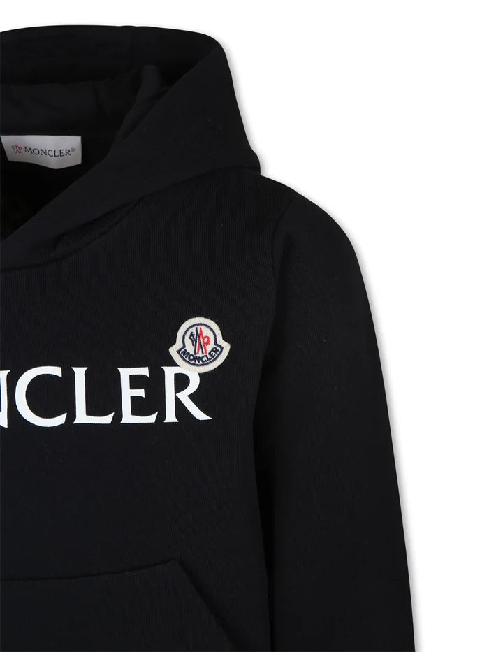 MONCLER KIDS Boys Double Logo Print Cotton Hoodie Black - MAISONDEFASHION.COM