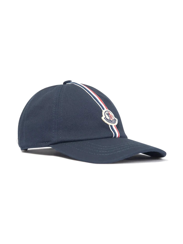 MONCLER KIDS Boys Logo-Patch Stripe-Detail Cap Navy - MAISONDEFASHION.COM