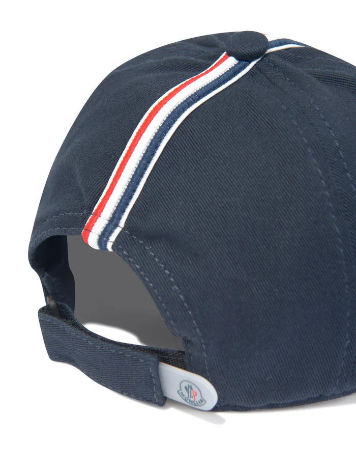MONCLER KIDS Boys Logo-Patch Stripe-Detail Cap Navy - MAISONDEFASHION.COM