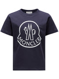 Front view of the MONCLER KIDS Boys Logo-Stamp Cotton T-Shirt in Navy, featuring a bold logo stamp on the chest and a classic crew neck design.