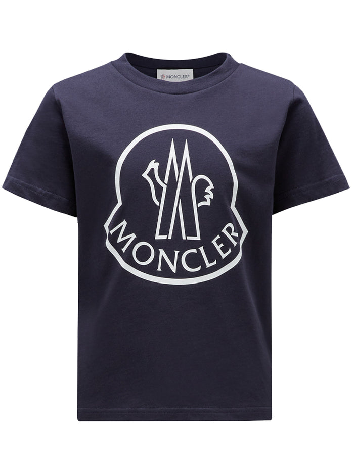 Front view of the MONCLER KIDS Boys Logo-Stamp Cotton T-Shirt in Navy, featuring a bold logo stamp on the chest and a classic crew neck design.