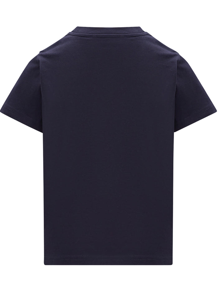 Back view of the MONCLER KIDS Boys Logo-Stamp Cotton T-Shirt in Navy, showcasing its clean and simple design.