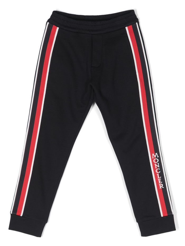 MONCLER KIDS Boys Logo Stripe Trim Sweat Pants Navy - MAISONDEFASHION.COM