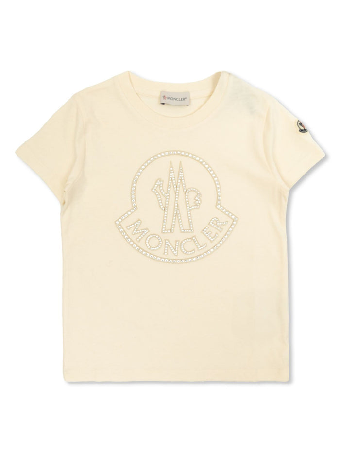 MONCLER KIDS Girls Crystal Logo Cotton T-Shirt Ivory - MAISONDEFASHION.COM