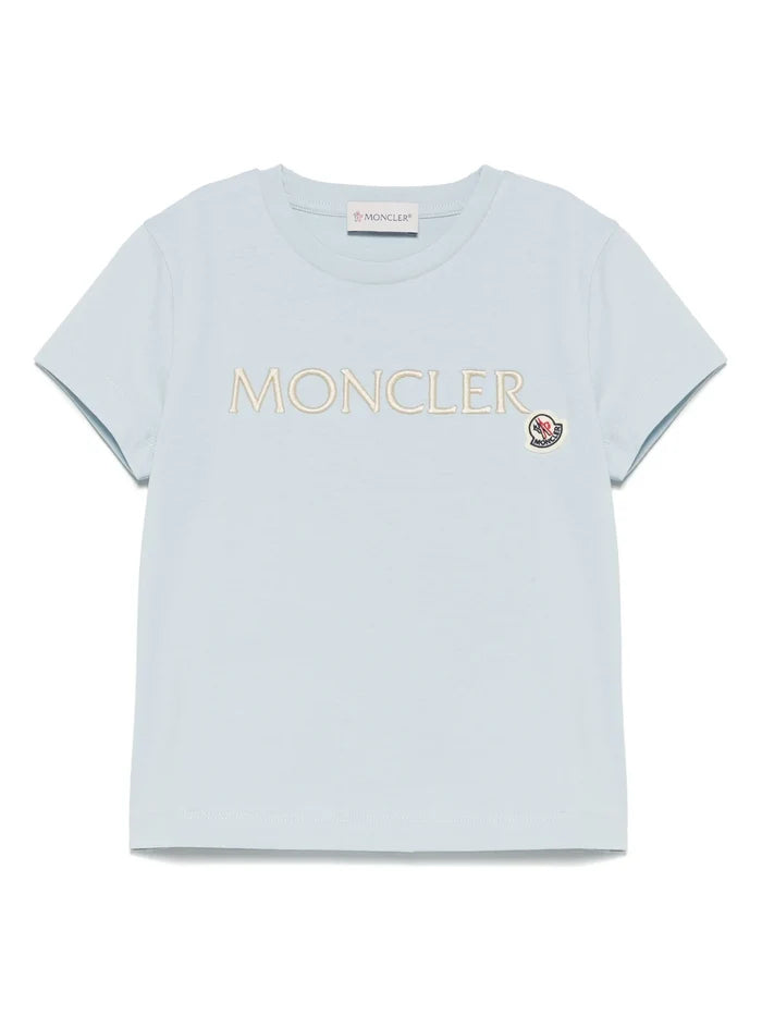 MONCLER KIDS Girls Embroidered Logo Cotton T-Shirt Light Blue - MAISONDEFASHION.COM