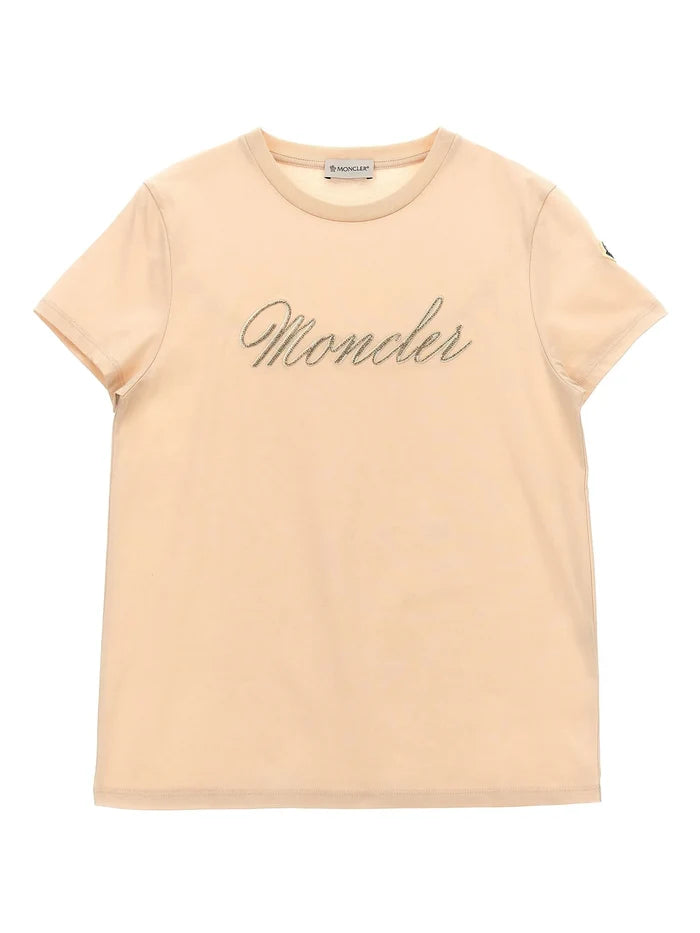 MONCLER KIDS Girls Logo-embroidered T-shirt Peach Pink - MAISONDEFASHION.COM