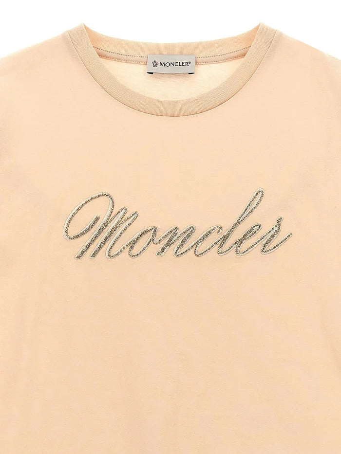 MONCLER KIDS Girls Logo-embroidered T-shirt Peach Pink - MAISONDEFASHION.COM