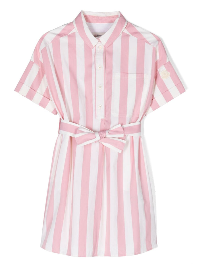 MONCLER KIDS Logo Patch Striped Dress Pink/White - MAISONDEFASHION.COM