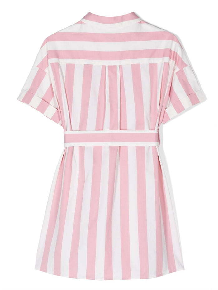 MONCLER KIDS Logo Patch Striped Dress Pink/White - MAISONDEFASHION.COM