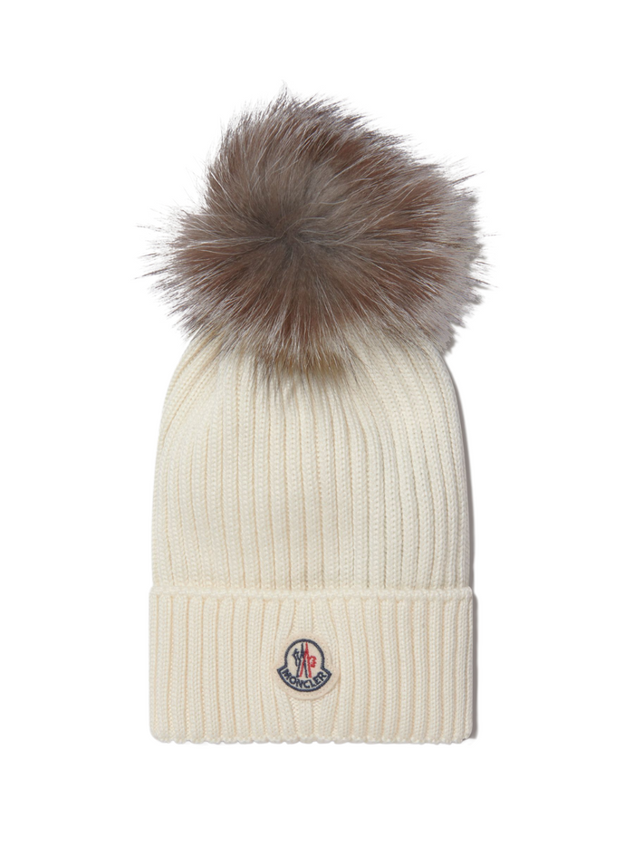 MONCLER KIDS Ribbed-knit pompom beanie Cream - MAISONDEFASHION.COM