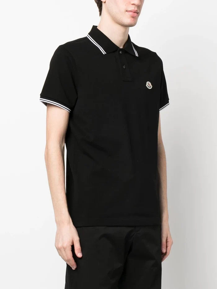 MONCLER Logo Contrast Trim Polo Shirt Black/White - MAISONDEFASHION.COM