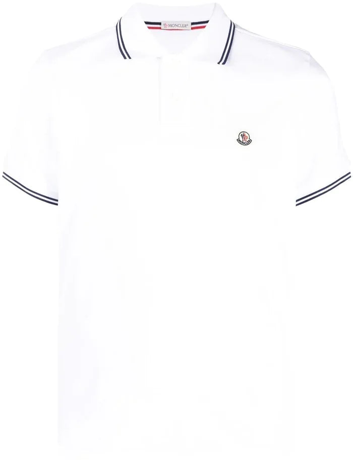 MONCLER Logo Contrast Trim Polo Shirt White/Black - MAISONDEFASHION.COM