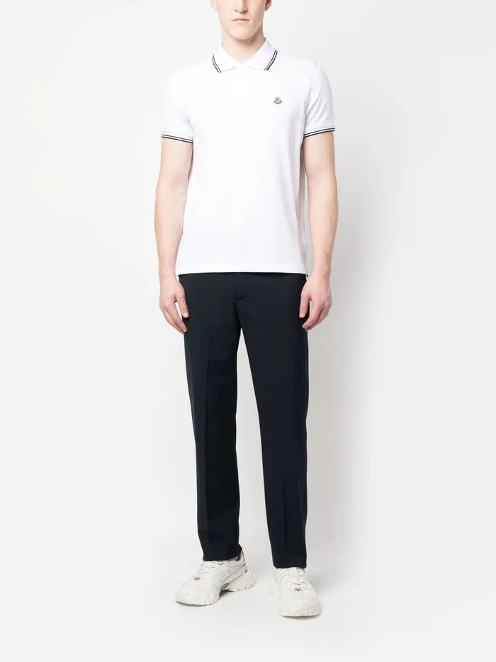 MONCLER Logo Contrast Trim Polo Shirt White/Black - MAISONDEFASHION.COM