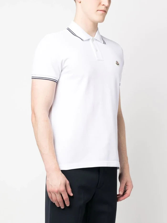 MONCLER Logo Contrast Trim Polo Shirt White/Black - MAISONDEFASHION.COM