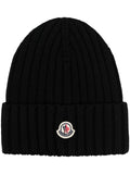 MONCLER Logo Patch Ribbed Beanie Black - MAISONDEFASHION.COM
