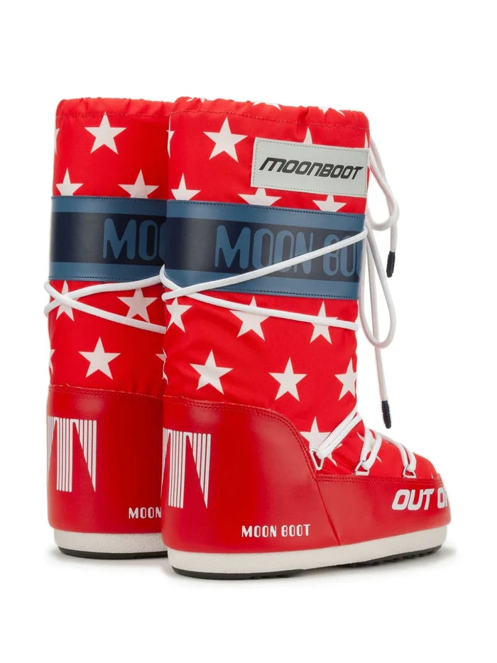 MOON BOOT UNISEX Retrobiker White Stars Print Boots Red/Multi - MAISONDEFASHION.COM