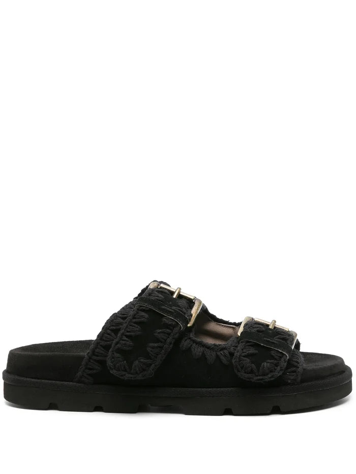 MOU WOMEN Low-Bio Double Buckle Sandals Black/Black - MAISONDEFASHION.COM