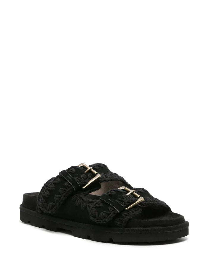 MOU WOMEN Low-Bio Double Buckle Sandals Black/Black - MAISONDEFASHION.COM