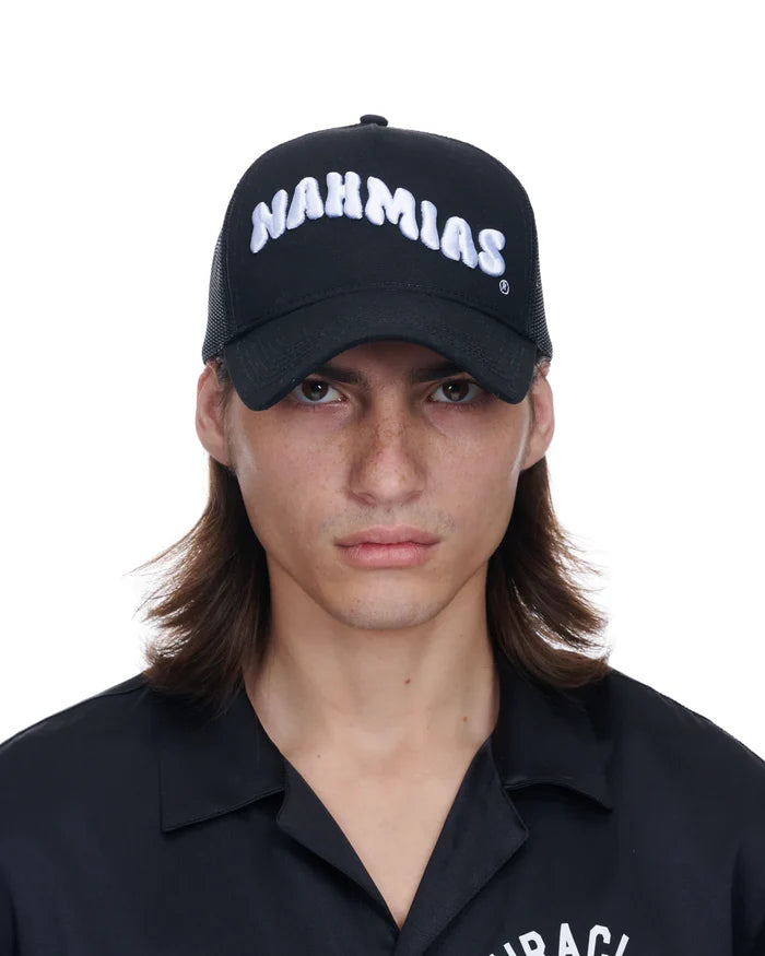 NAHMIAS Bubble Wave Logo Trucker Hat Black - MAISONDEFASHION.COM