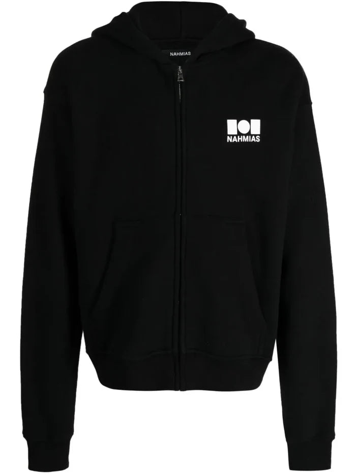 NAHMIAS Logo Print Zip Up Cotton Hoodie Black - MAISONDEFASHION.COM