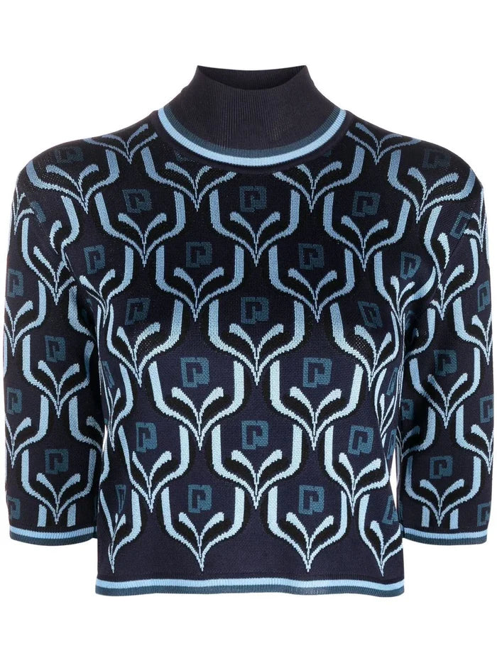 PACO RABANNE Monogram Jacquard Top Blue - MAISONDEFASHION.COM