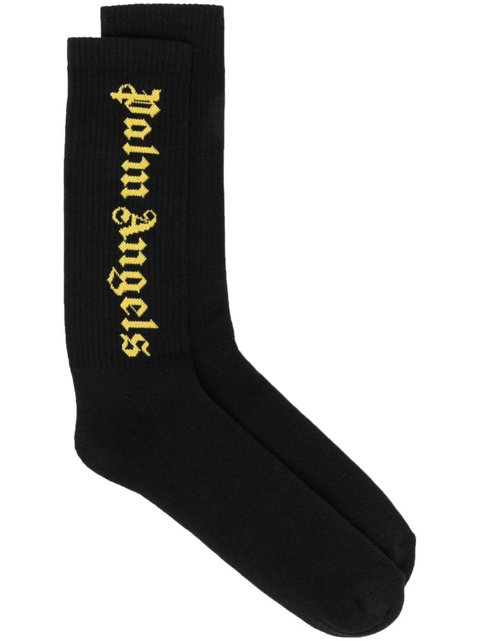 PALM ANGELS MEN Classic Logo Socks Black/Gold - MAISONDEFASHION.COM
