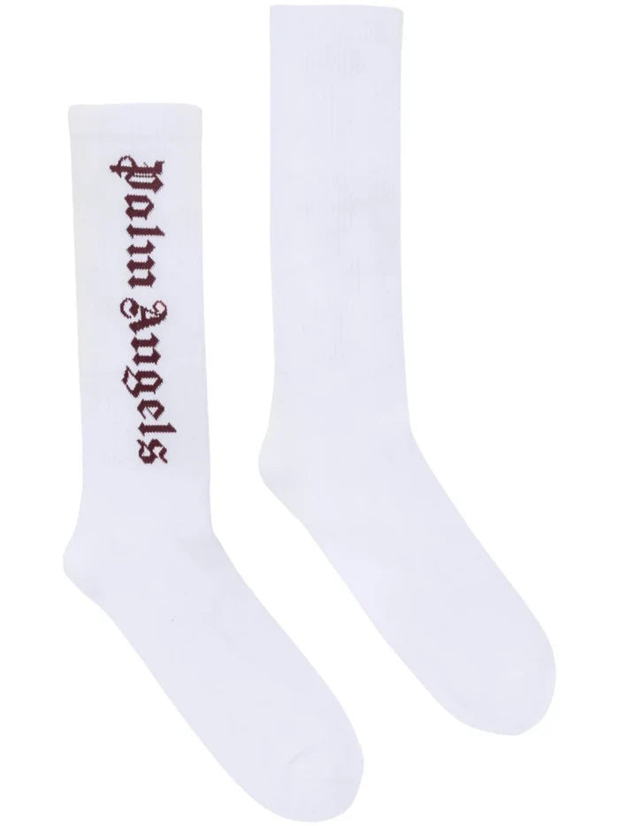 PALM ANGELS MEN Classic Logo Socks White/Bordeaux - MAISONDEFASHION.COM