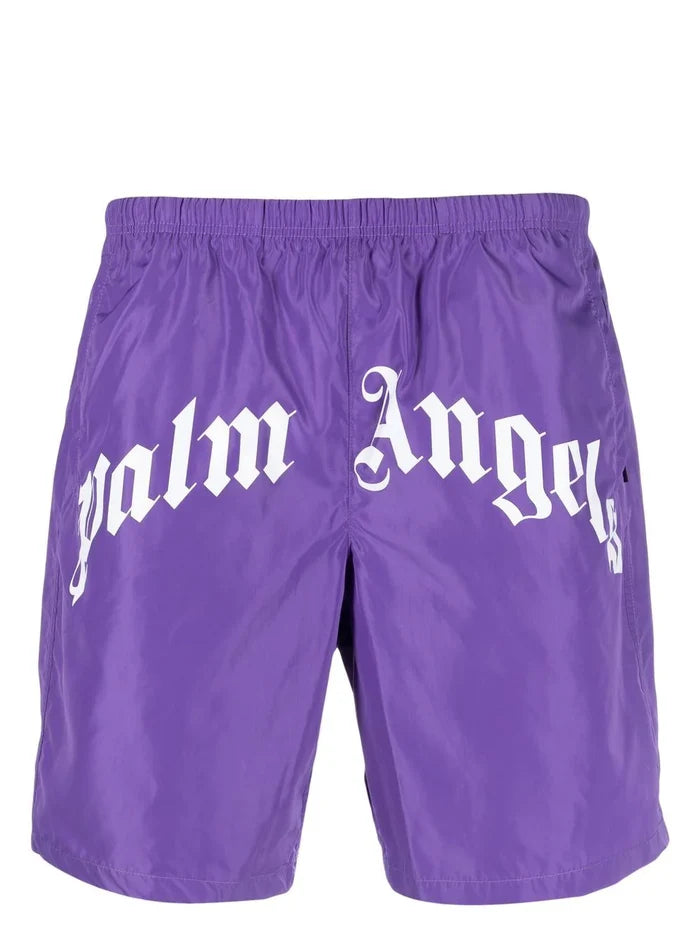 PALM ANGELS Curved Logo Swim Short Violet/White - MAISONDEFASHION.COM