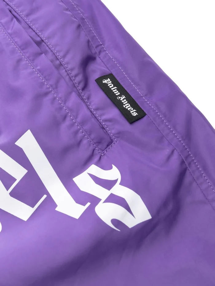 PALM ANGELS Curved Logo Swim Short Violet/White - MAISONDEFASHION.COM