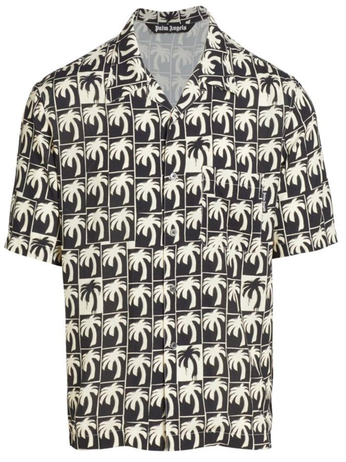 PALM ANGELS MEN Dripping Palm Bowling Shirt Black/Off White - MAISONDEFASHION.COM