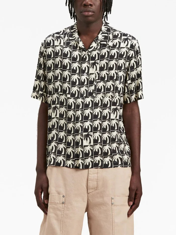 PALM ANGELS MEN Dripping Palm Bowling Shirt Black/Off White - MAISONDEFASHION.COM