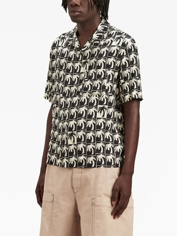 PALM ANGELS MEN Dripping Palm Bowling Shirt Black/Off White - MAISONDEFASHION.COM