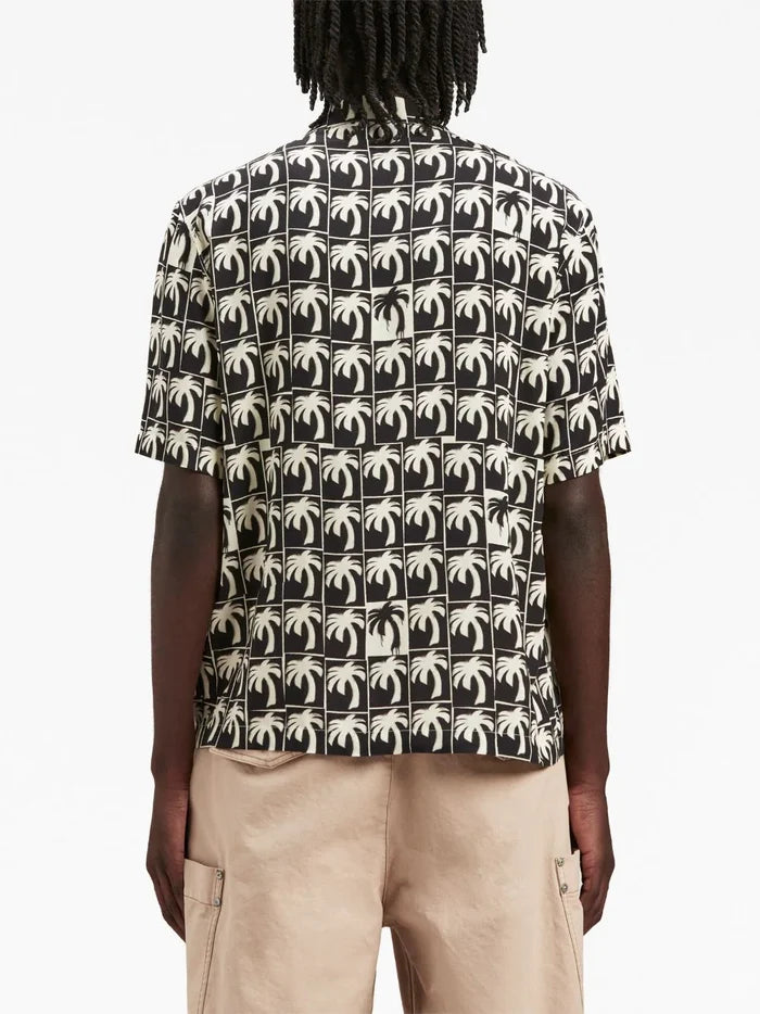 PALM ANGELS MEN Dripping Palm Bowling Shirt Black/Off White - MAISONDEFASHION.COM