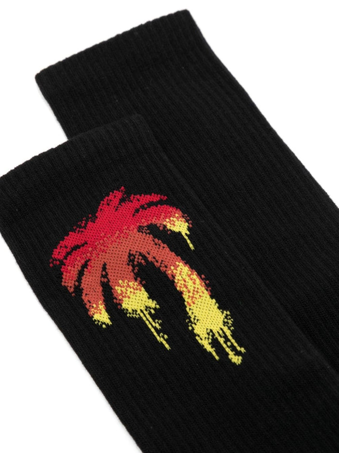 PALM ANGELS MEN Gradient Palm Socks Black Red - MAISONDEFASHION.COM