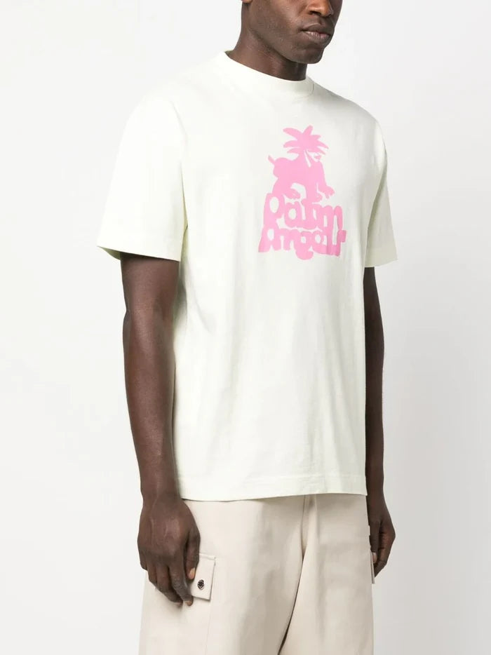 PALM ANGELS MEN "Leon" Classic T-Shirt Pale Green/Fuchsia - MAISONDEFASHION.COM