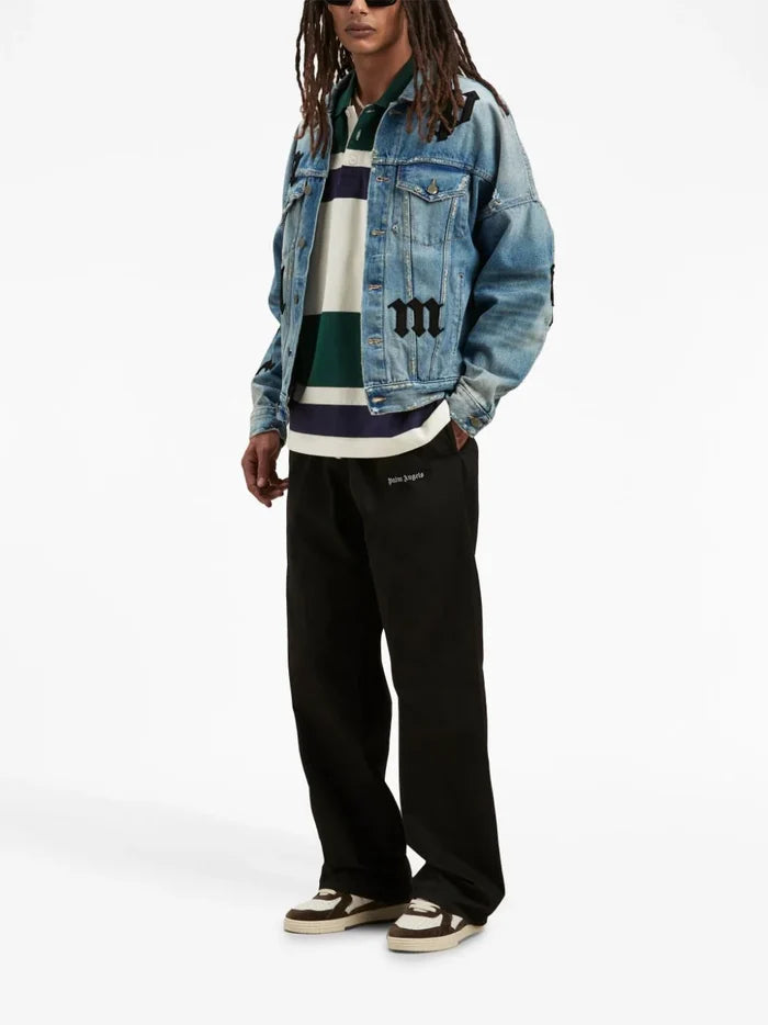 PALM ANGELS MEN Logo Cotton Travel Pants Black/White - MAISONDEFASHION.COM