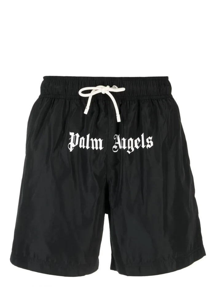PALM ANGELS MEN Logo Swim Shorts Black/White - MAISONDEFASHION.COM
