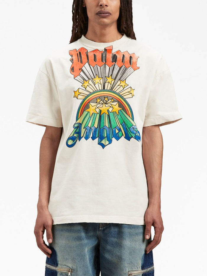 PALM ANGELS MEN Rainbow Graphic Print T-Shirt Off Cream/Multi - MAISONDEFASHION.COM